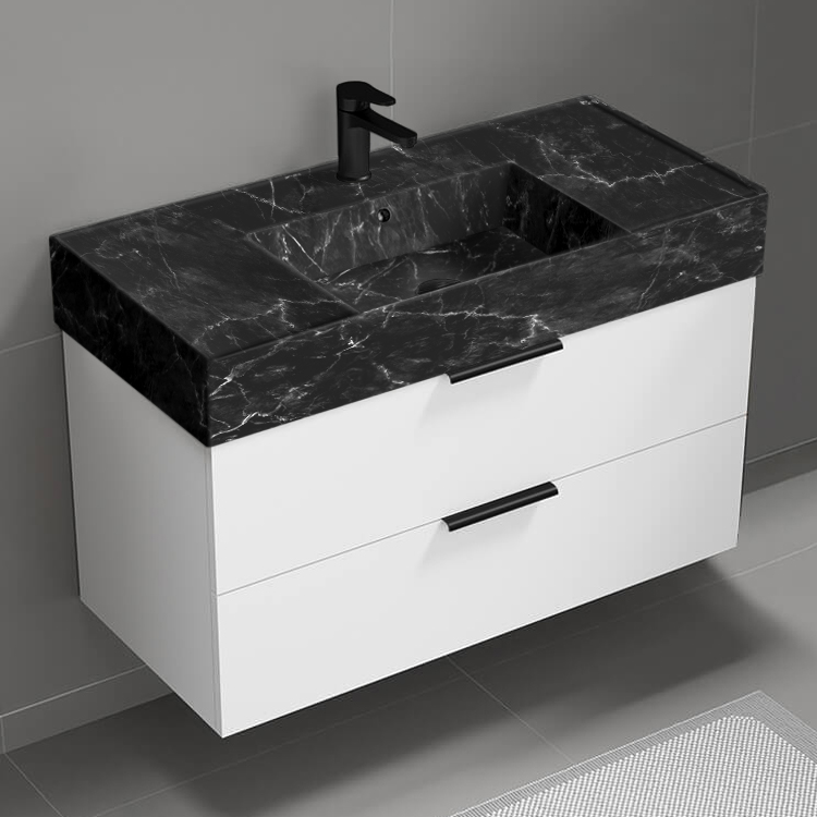 Nameeks DERIN904 Floating Bathroom Vanity With Black Marble Design Sink, Modern, 40 Inch, Glossy White